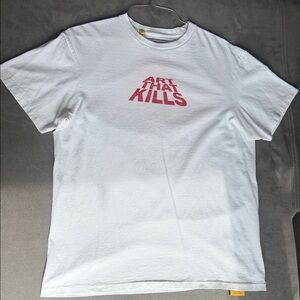 White Graphic Tee with Red 'Art That Kills' Print